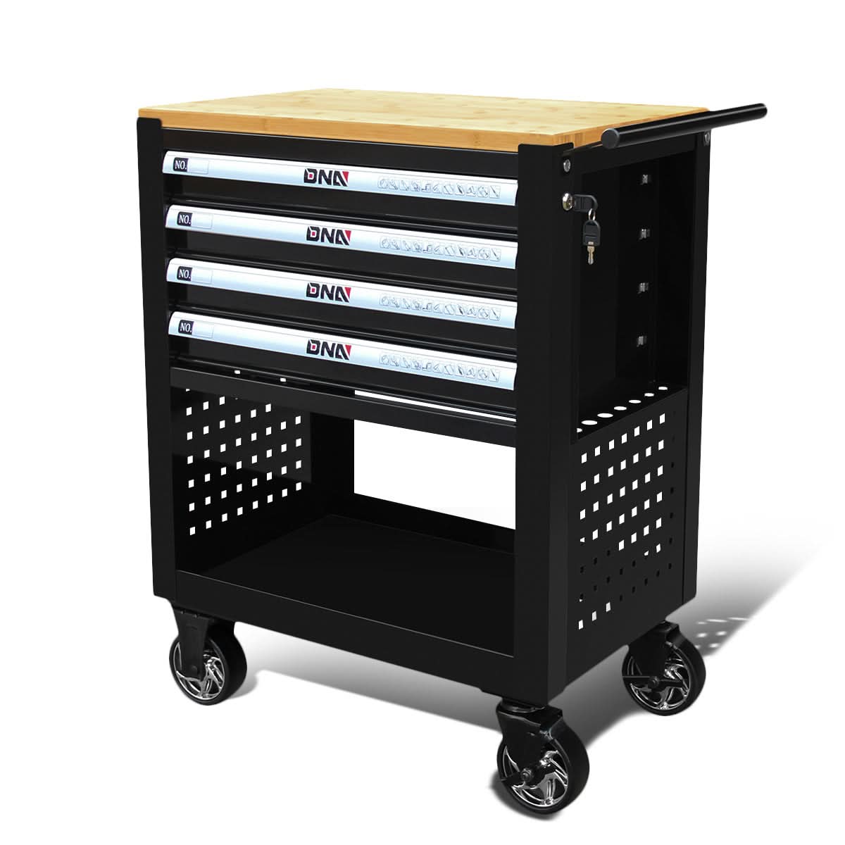 4-Drawer Tool Cart 30" x 39" x 18" with Thick Wood Work Table Black