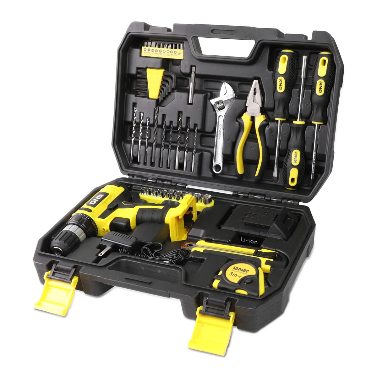 46-Piece Tool Set with Cordless Drill - Black/Yellow