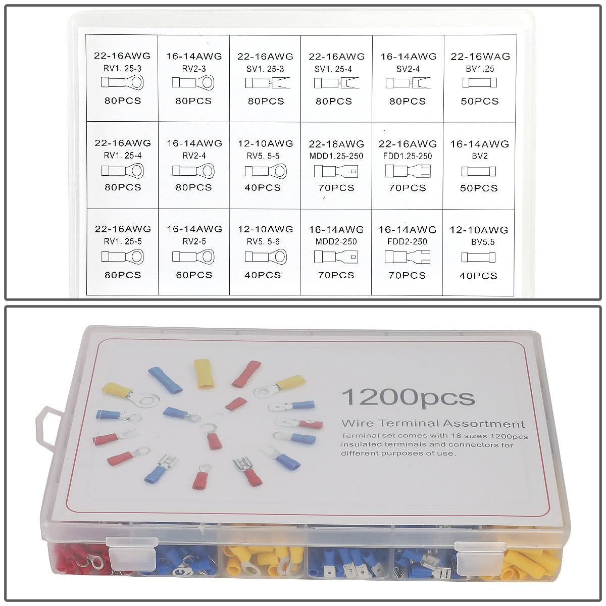 Wire Terminal Assortment Kit 1200 Pieces 22-16 14-16 10-12 AWG