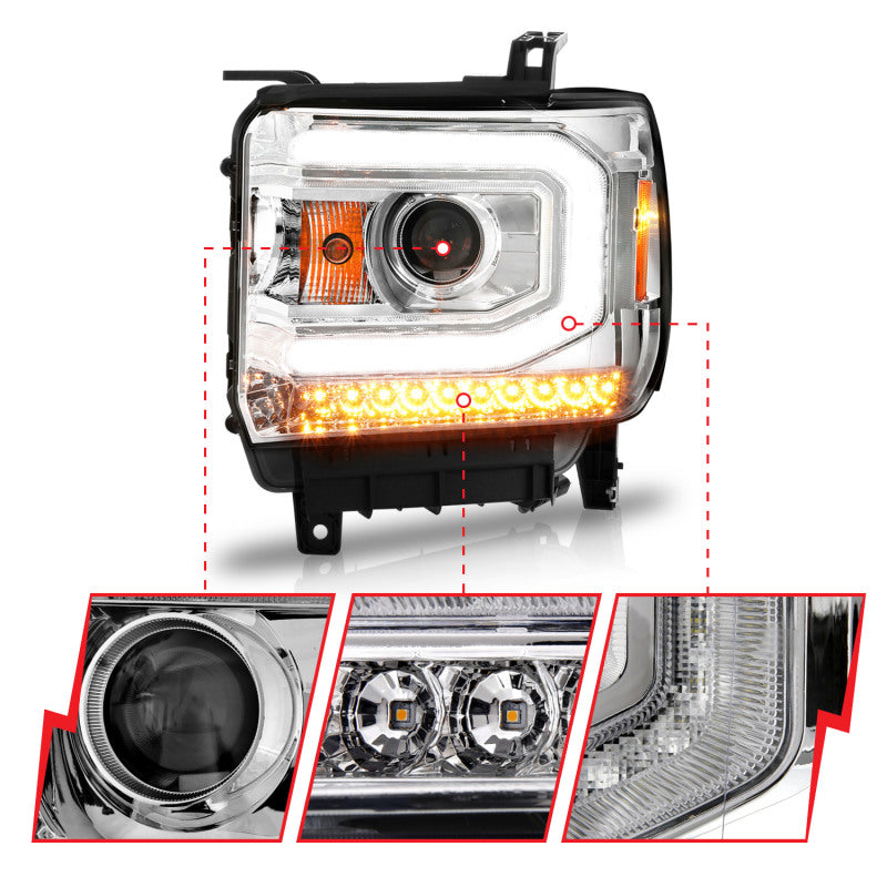 ANZO 2014-2015 Gmc Sierra 1500 Projector Headlights w/ Light Bar Chrome Housing (Halogen Type)