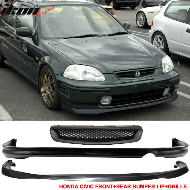 Fits Honda Civic 96-98 2 SIR Front Rear Bumper Lip + T-R Front Grille