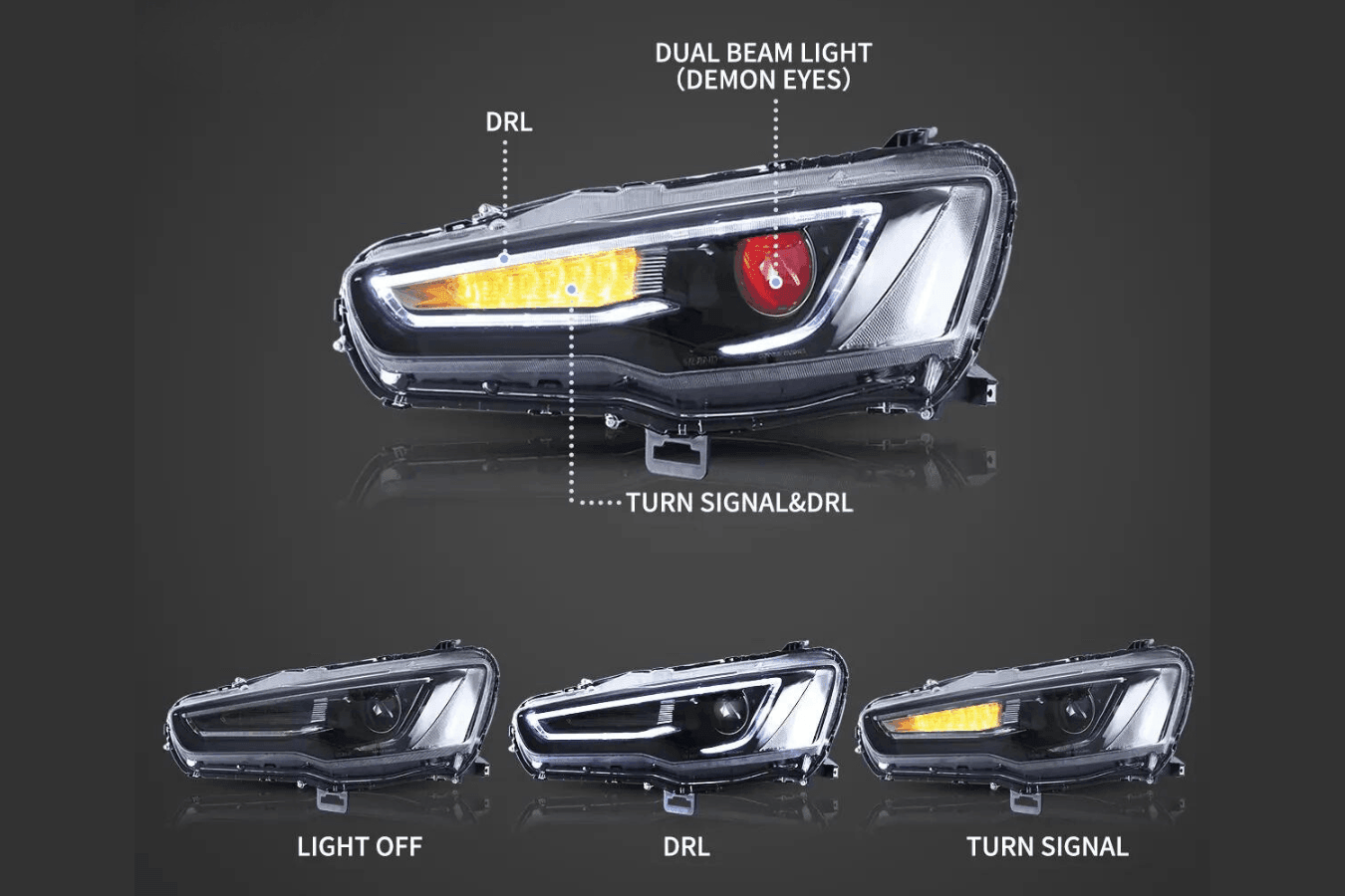 Mitsubishi Lancer Evo X GSR 10th Gen (CZ4A) Demon Eyes Dual Beam Projector Headlights (2008-2017)