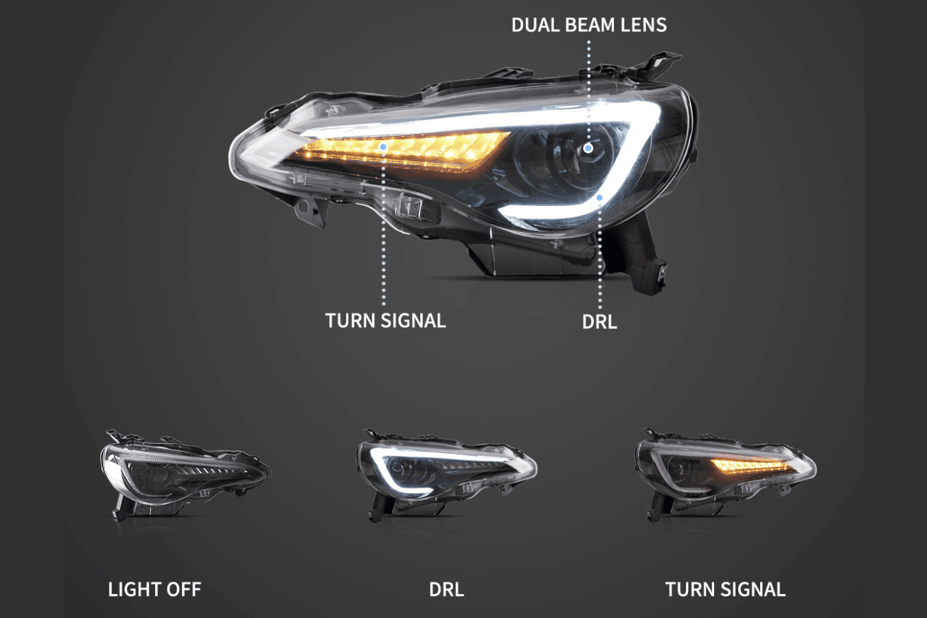 Scion FR-S Subaru BRZ Toyota GT86 1st Gen (ZN6/ZC6) Black Dual Beam Projector Headlights (2012-2021)