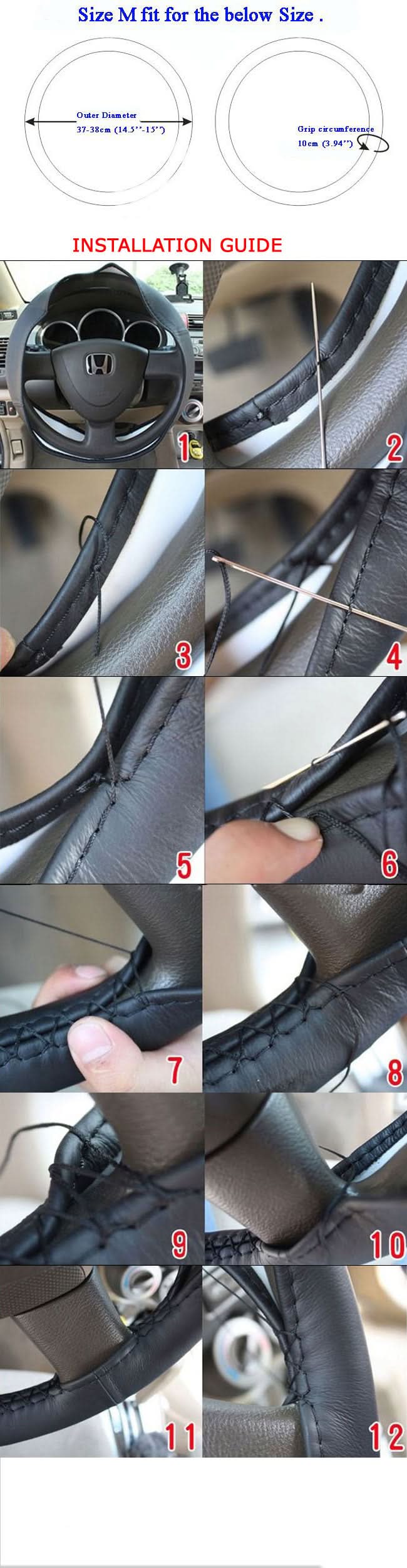 Universal 37-38CM Black Steering Wheel Cover Leather Needle Thread