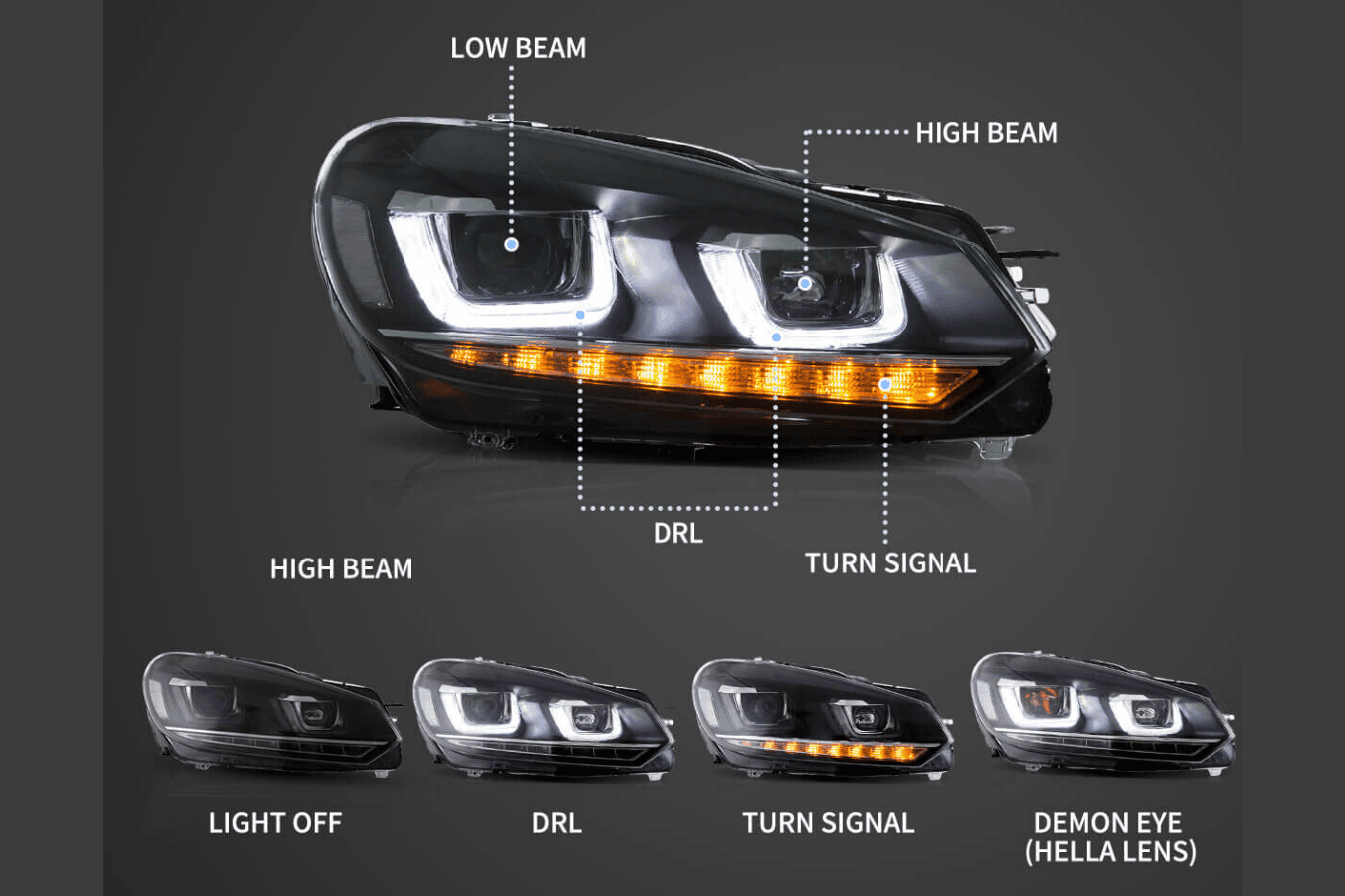 Volkswagen Golf 6 MK6 Black Demon Eyes Projector Headlight (2008 - 2014)