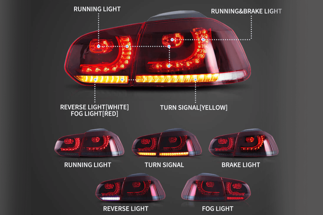 VW Golf 6th Gen Mk6 Hatchback LED Tail Lights (2008 - 2014)